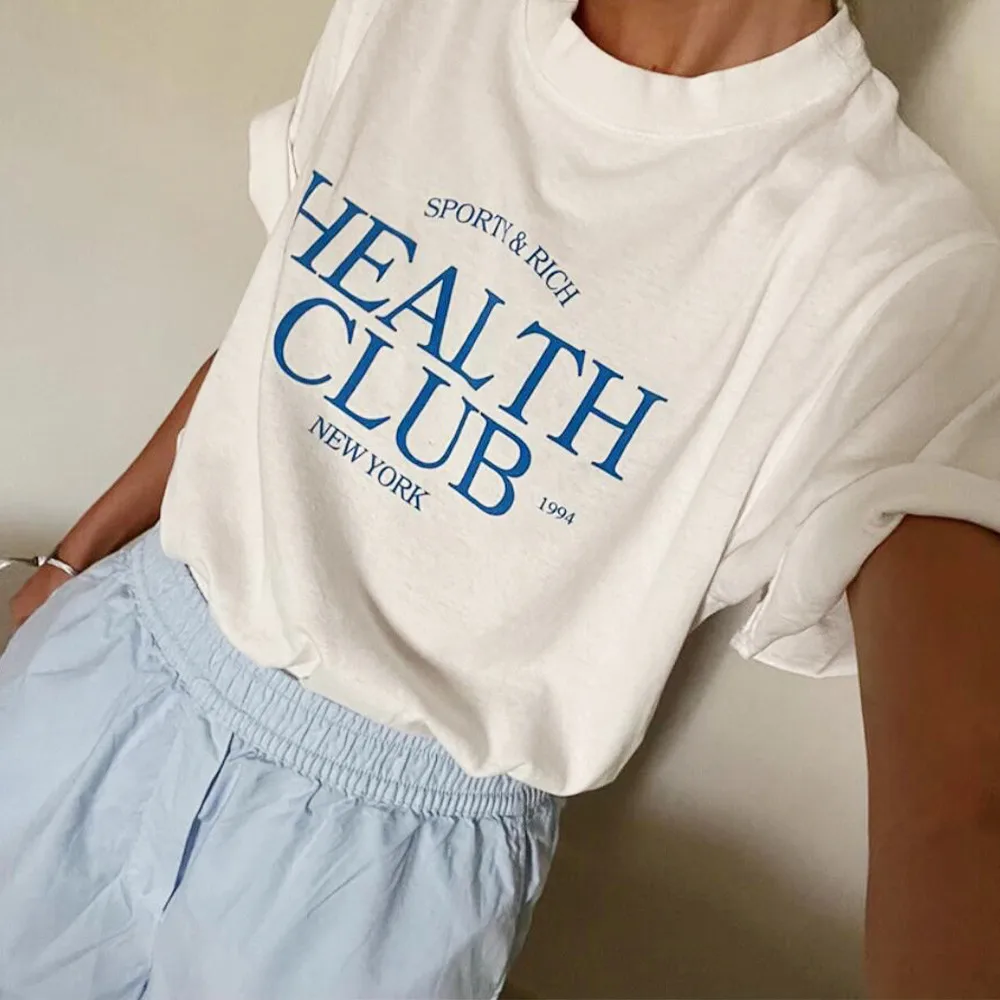 American Vintage Health Club Letters Printing T Shirts Women White Short Sleeve Loose Casual Tops Ins Fashion 90's Tee Shirt