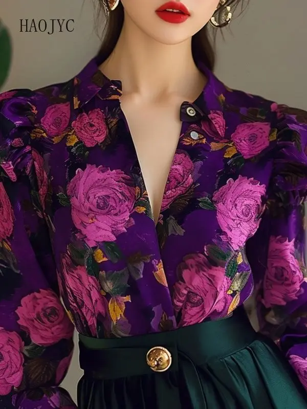 

Retro chic purple floral shirt women's high-end sense light luxury chic beautiful high-end new long-sleeved shirt