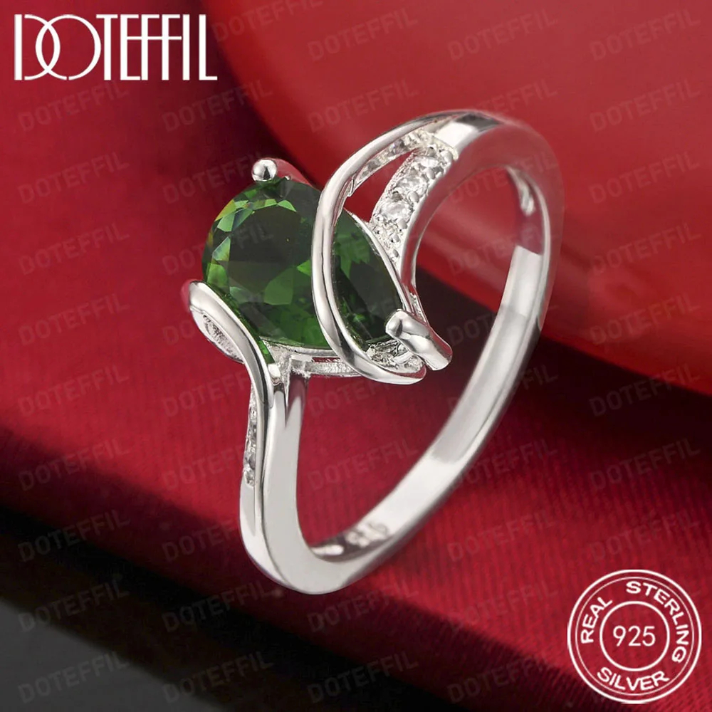 925 Sterling Silver Green AAA Crystal water droplets Ring For Woman Fashion Wedding Engagement Party Charm Jewelry