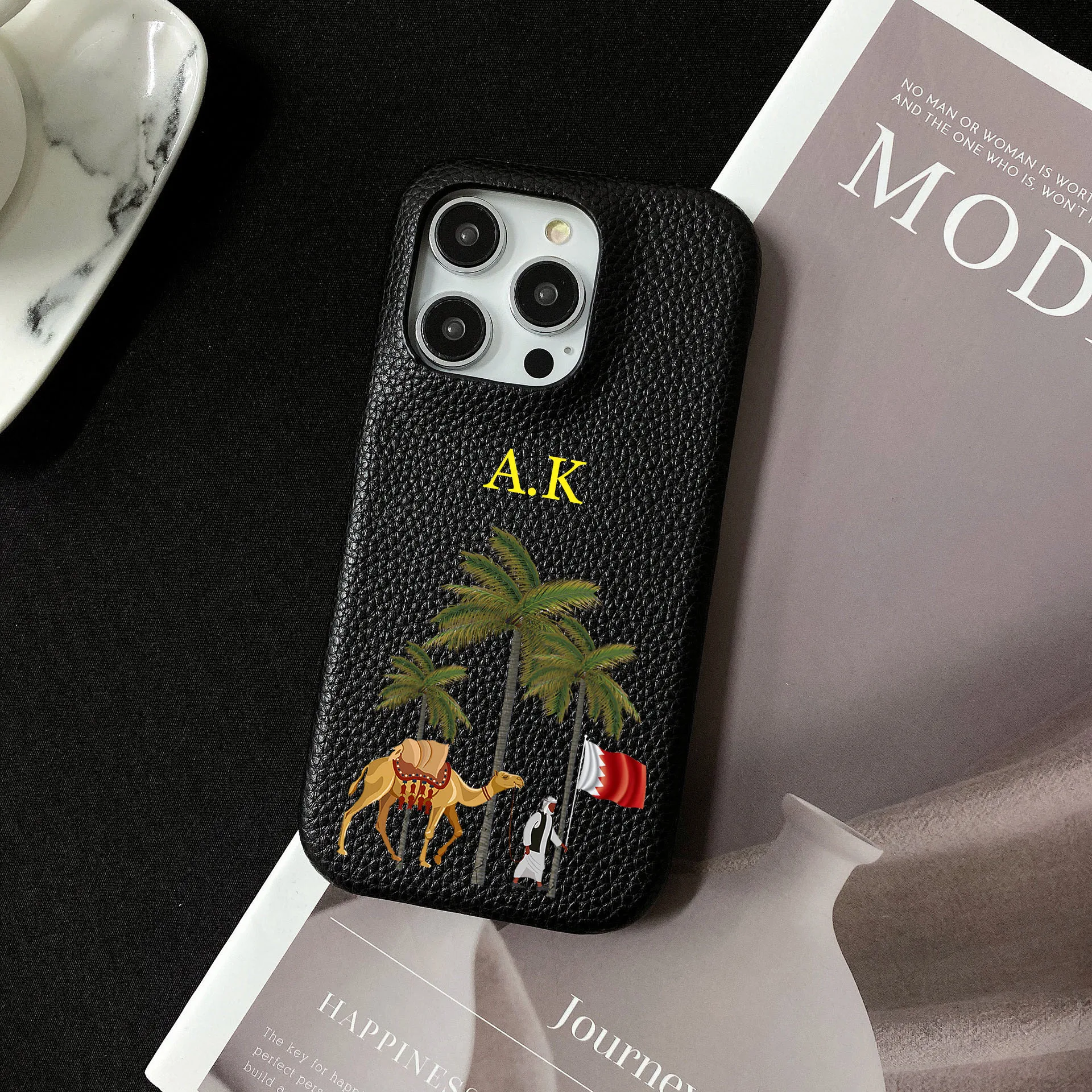 Personalised Customized Name Coconut tree Leather Case For iPhone 16 15 14 13 12 11 Pro Max Initials Letters DIY Engraved Cover