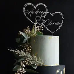 Gold Cake topper with Hearts for Wedding Date Cake topper wedding Custom name and date cake topper Anniversary Cake topper