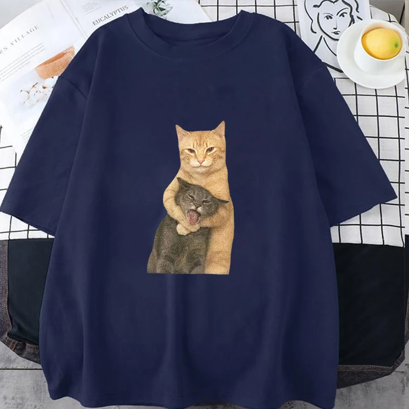 Street Hip Hop Funny Hug Cat Pattern Printed Y2K Shirt Street Style Summer New Neutral Casual T-shirt Round Neck Men Women Tees