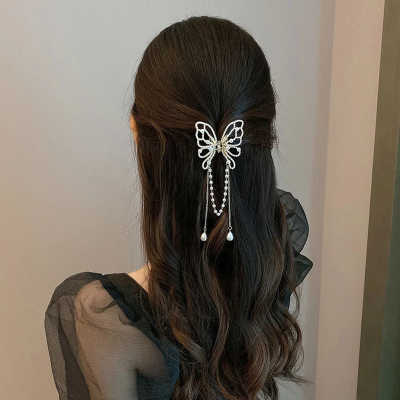 Presilha de cabelo vintage borboleta pérola borla para mulheres, strass estilo coreano, caranguejo, tubarão, rabo de cavalo, ganchos de cabelo,