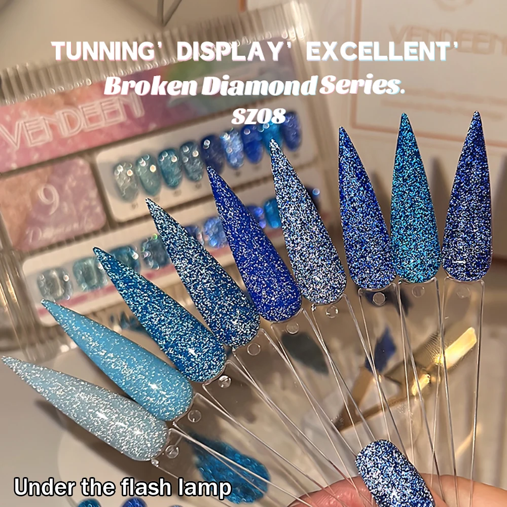 Vendeeni 9 Farben/Set Glitzer-Broken-Diamond-Gel-Nagellack UV LED Soak-Off Gel-Lack Grün Lila Rot Flash Gel mit Display – Detail 35