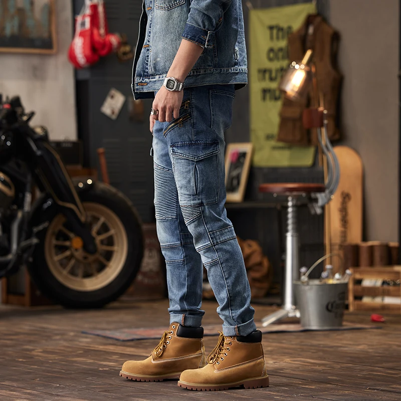 Jeans masculino plissado de carga, calça punk tapada, moda casual, estilo locomotiva, artesanato de lavagem de alta qualidade