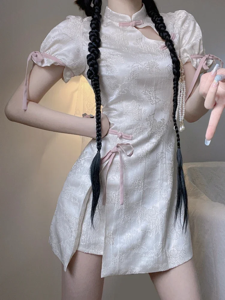 Gaun Cheongsam Harajuku wanita gaun Lolita pita motif bunga manis Y2k seksi lengan Puff estetika Vestidos Mujer Modernize