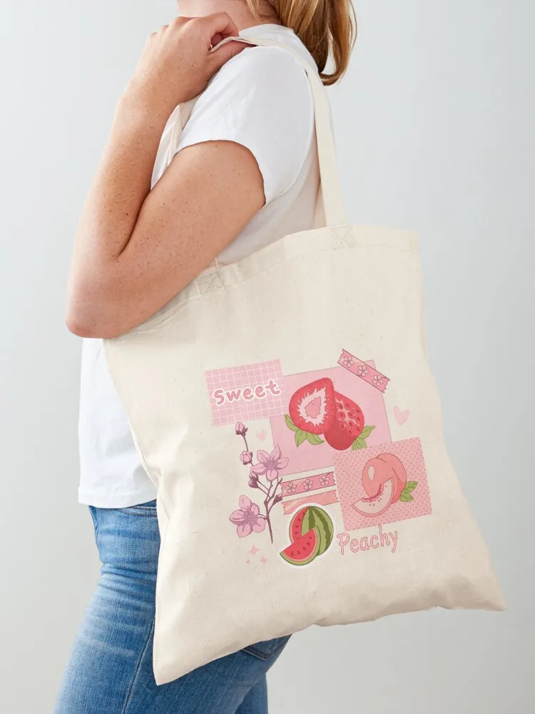 

The peachy pink design with various berries, fruits, and other cute stickers Tote Bag hand bag shopping bags foldable