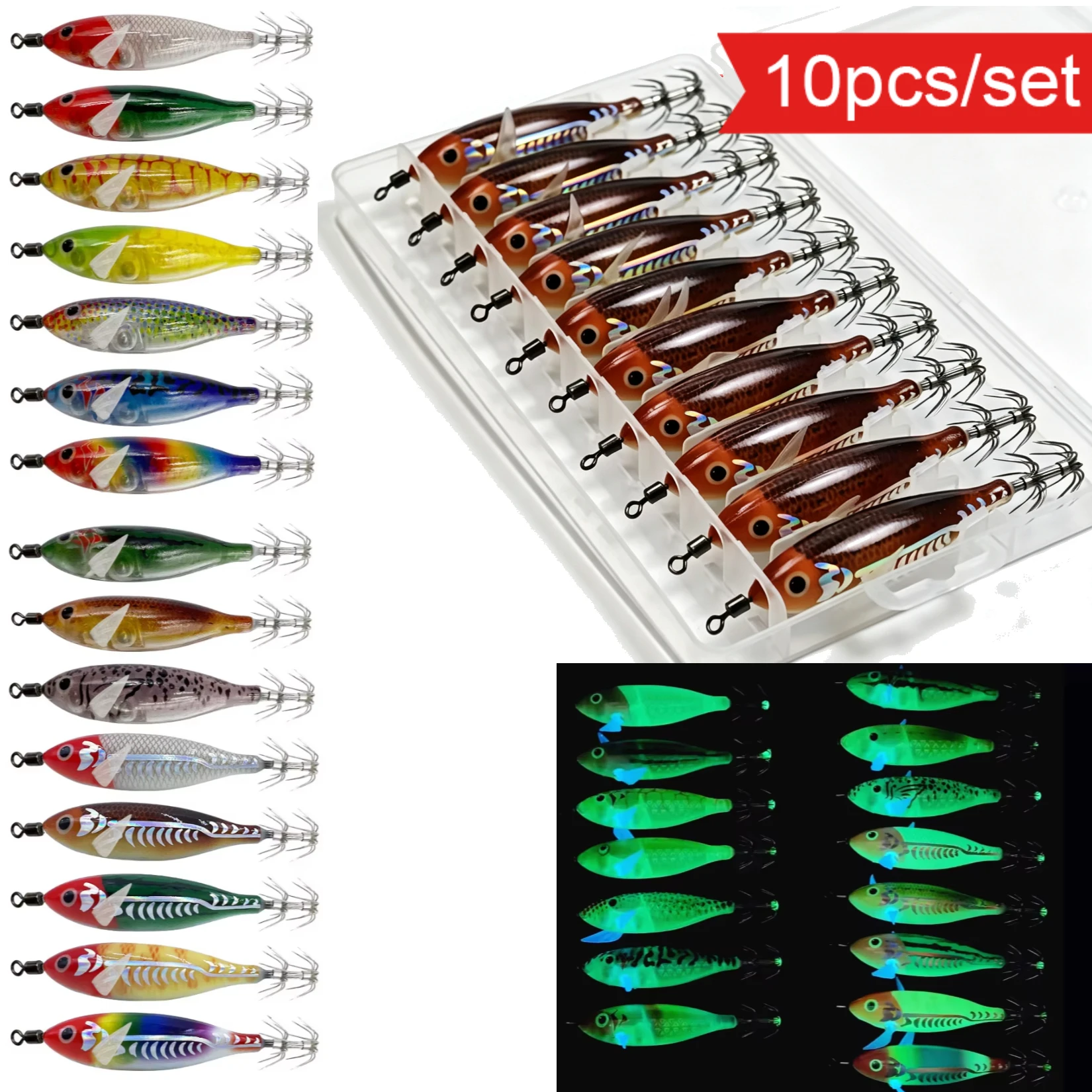10 Stück 8cm Horizontaler Tintenfisch-Jig Egi-Set Garnelen-Angelköder Leuchtender Meeres-Tintenfisch-Oktopus-Tintenfisch-Köder Angelzubehör-Set