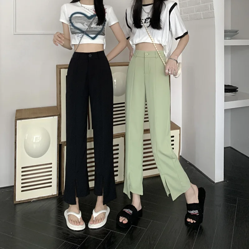 Casual Slit Elastic Waist Suit Pants High Waist Wide Leg Trousers Straight Casual Sweatpants Women Clothes Black Baggy Pants