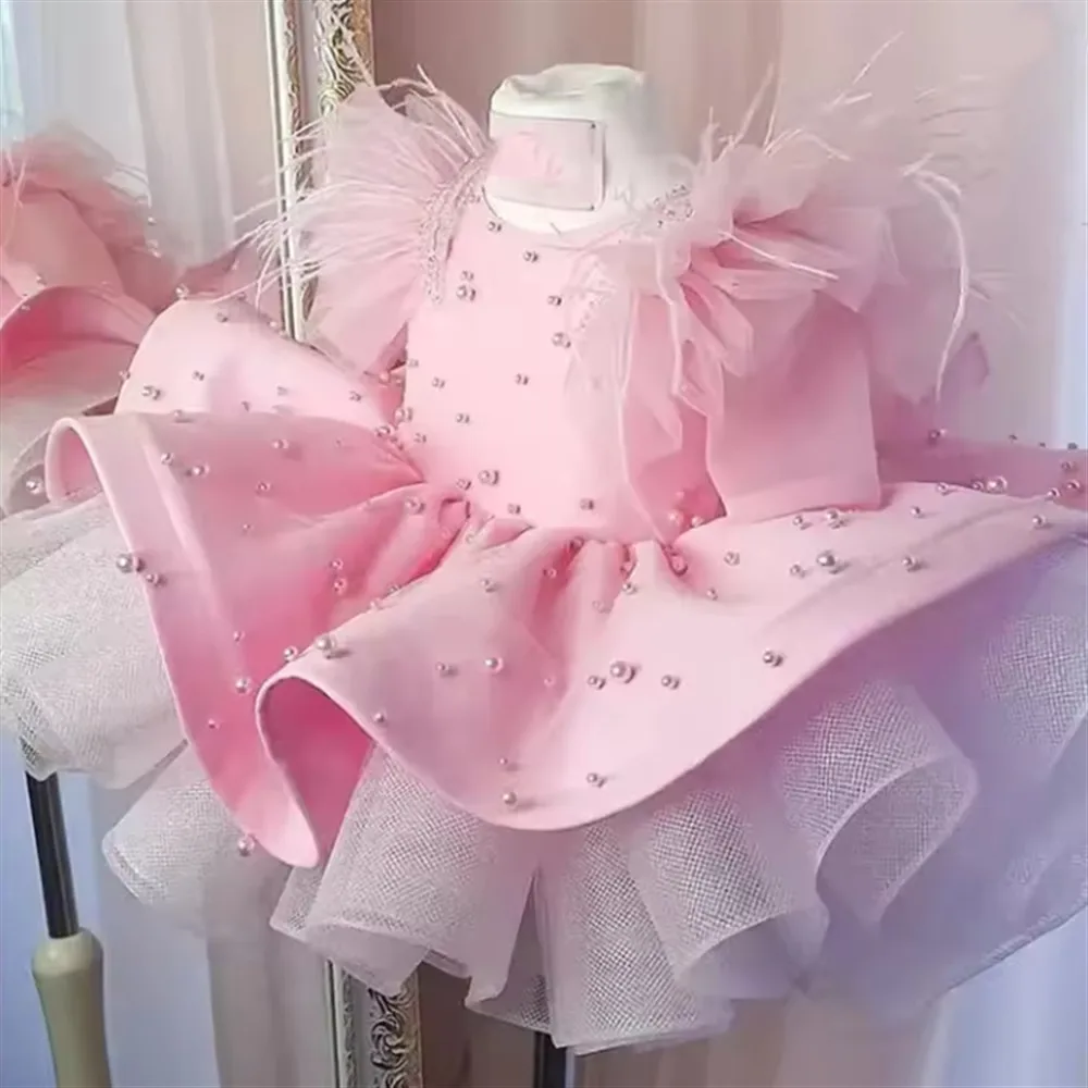 

Luxury Princess Feather Flower Girl Dress for Wedding Beaded Bow Tiered Girls Birthday Party Pageant Dress Customized