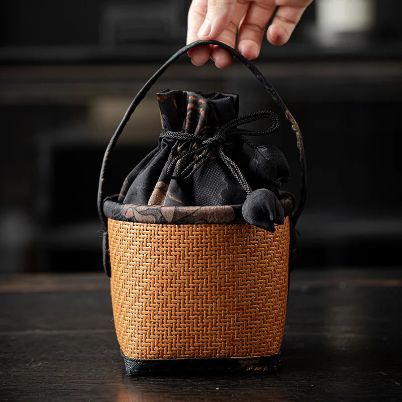 Rattan Pattern Small Bag,Travel, Outdoor Cover Bowl, Portable Organizer, Owner's Cup Teapot Bag, Spliced Drawstring Pocket