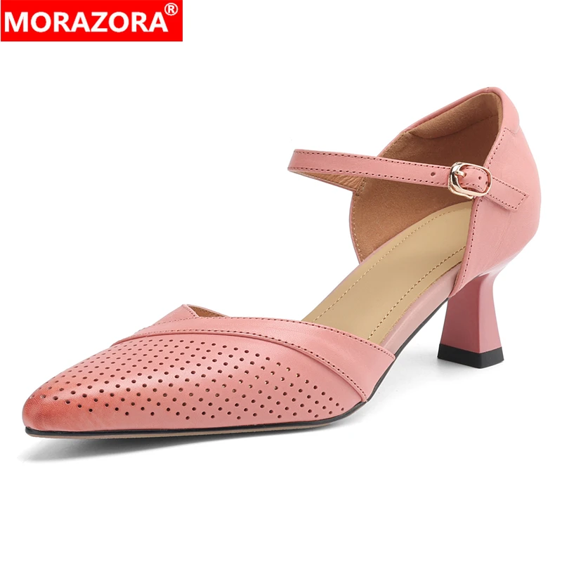 

MORAZORA Fashion New Genuine Leather Sandals Women Pointed Toe High Heels Sandals Fashion Party Wedding Shoes