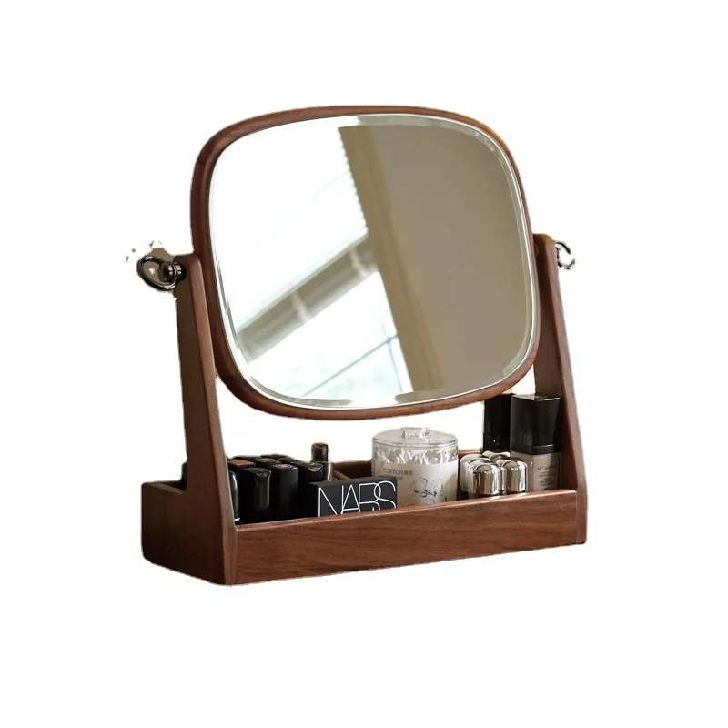 

Solid Wood Cosmetic Mirror Storage Box Integrated Black Walnut Bedroom Dressing Table Mirror 360-Degree Rotation