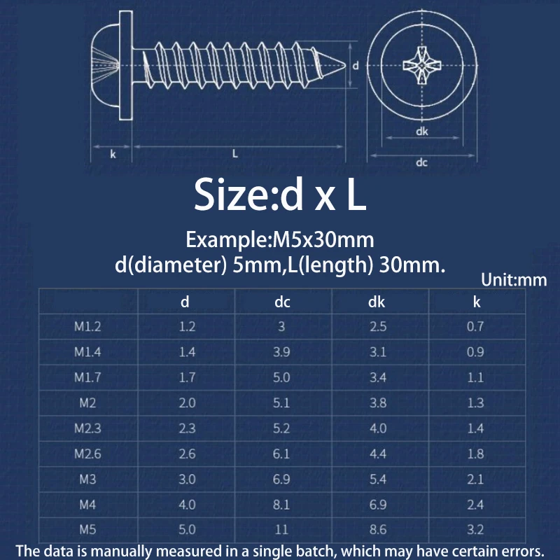 Phillips Pan Round Head With Washer Self-tapping Screw M1.2 M1.4 M1.7 M2 M2.3 M2.6 M3 M4 Carbon Steel PWA Wood screw Servo Screw