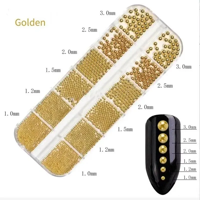 1 Doos 6 Maat 0.8-3.0 Mm Metalen Kralen Ronde Goud Zilver Rose Nail Art Decoraties Micro stalen Bal Studs Voor Diy Manicure Nagels