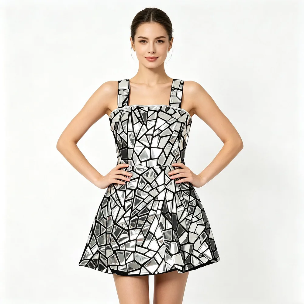 Women Silver Laser Sequin Sleeveless Short Dress Singer Dancer Bar Nightclub Stage Wear Birthday Party Carnival Festival Costume