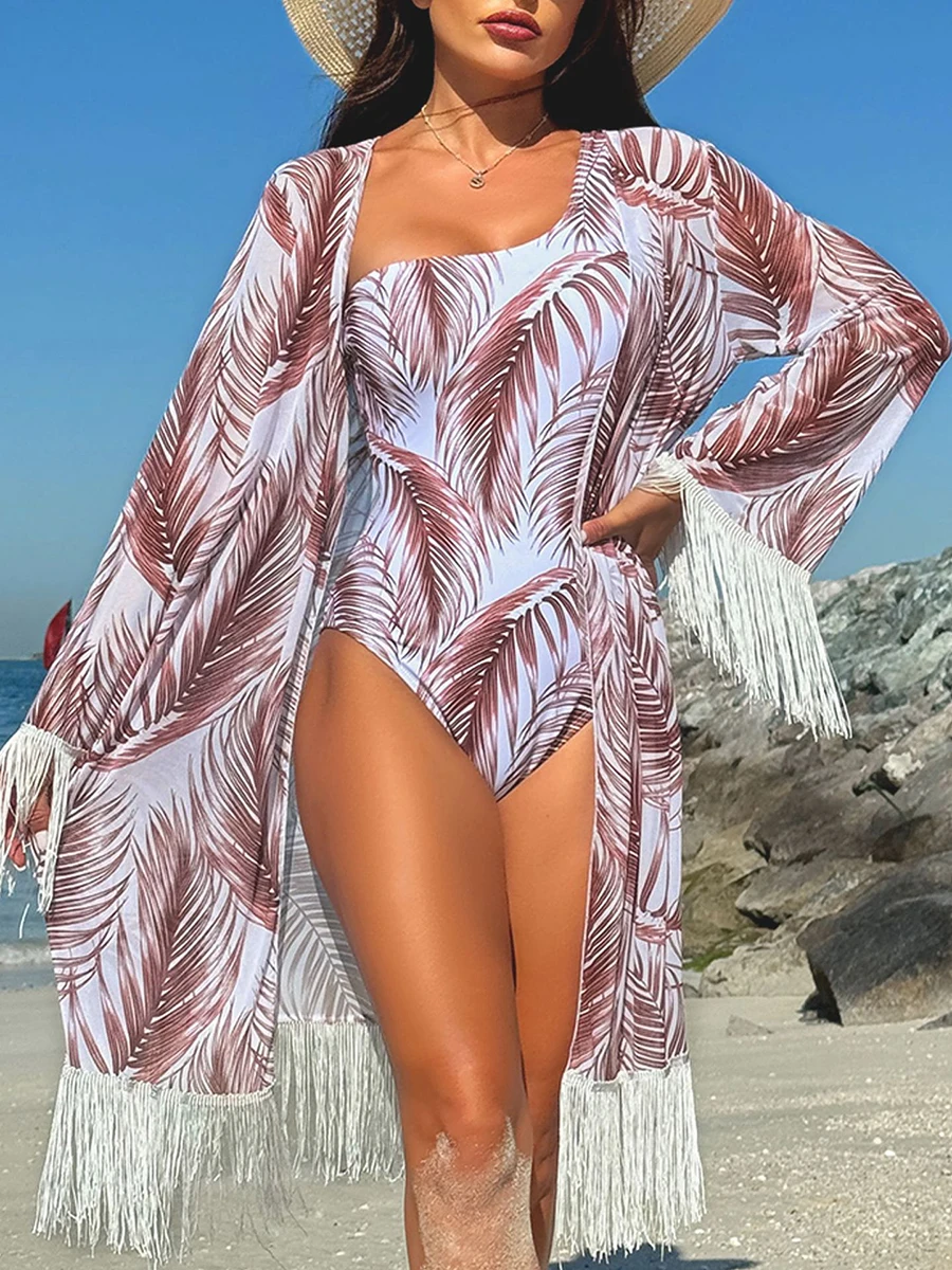 2024 One Shoulder Print Women Swimsuit With Long Sleeve Kimono One Piece Swimwear Female Bathers Bathing Swimming Suit Beachwear