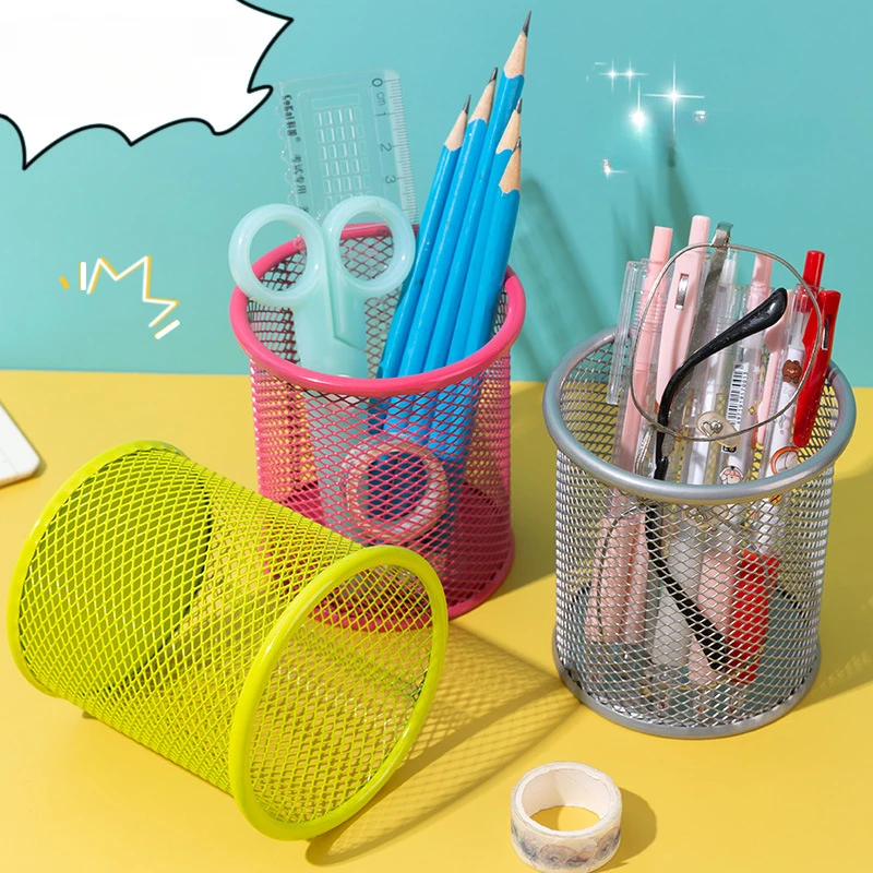 Kawaii Metal Mesh Hollow Out Pen Holder Organizer Storage Box Large Capacity Desktop Pen Holder Clips School Office Stationery