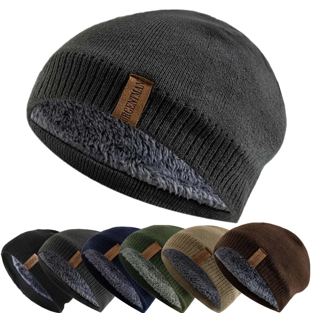 

Unisex Letter Labal Winter Hats Solid Color Knitted Hats For Men Women Beanie Cap Outdoor Plush Fur Lining Warm Hats
