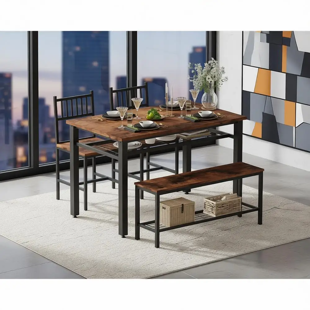 طقم طعام مستطيل حديث لـ 4 أشخاص مع كراسي ومقعد تخزين، مثالي للمساحات الصغيرة والشقق باللون البني #1