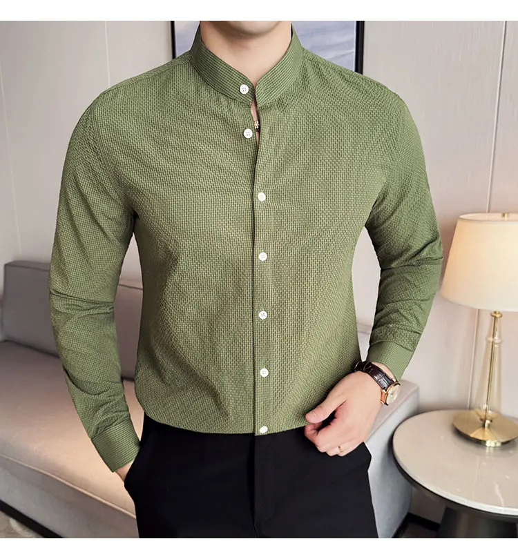 New Chinese Style Stand Collar Long Sleeve Shirt Men's Clothing 4xl Blouse High Quality Stretch Buersucker Shirt Green Tops 2025