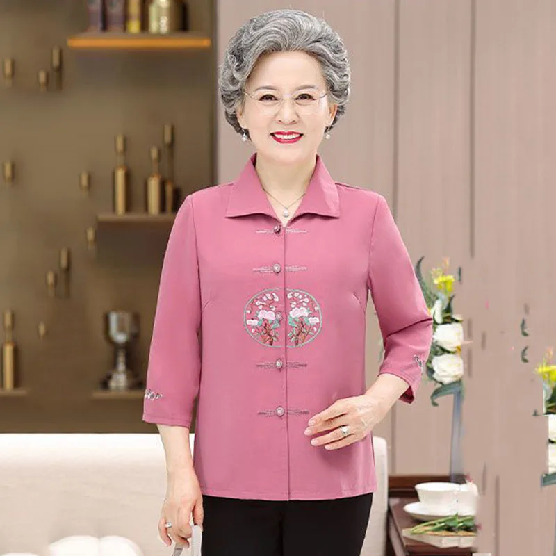 Fashion Summer Dress Grandma's Cropped Sleeve Shirt The Old Lady's Loose Embroidery Temperament Casual Blouse Female Tide.