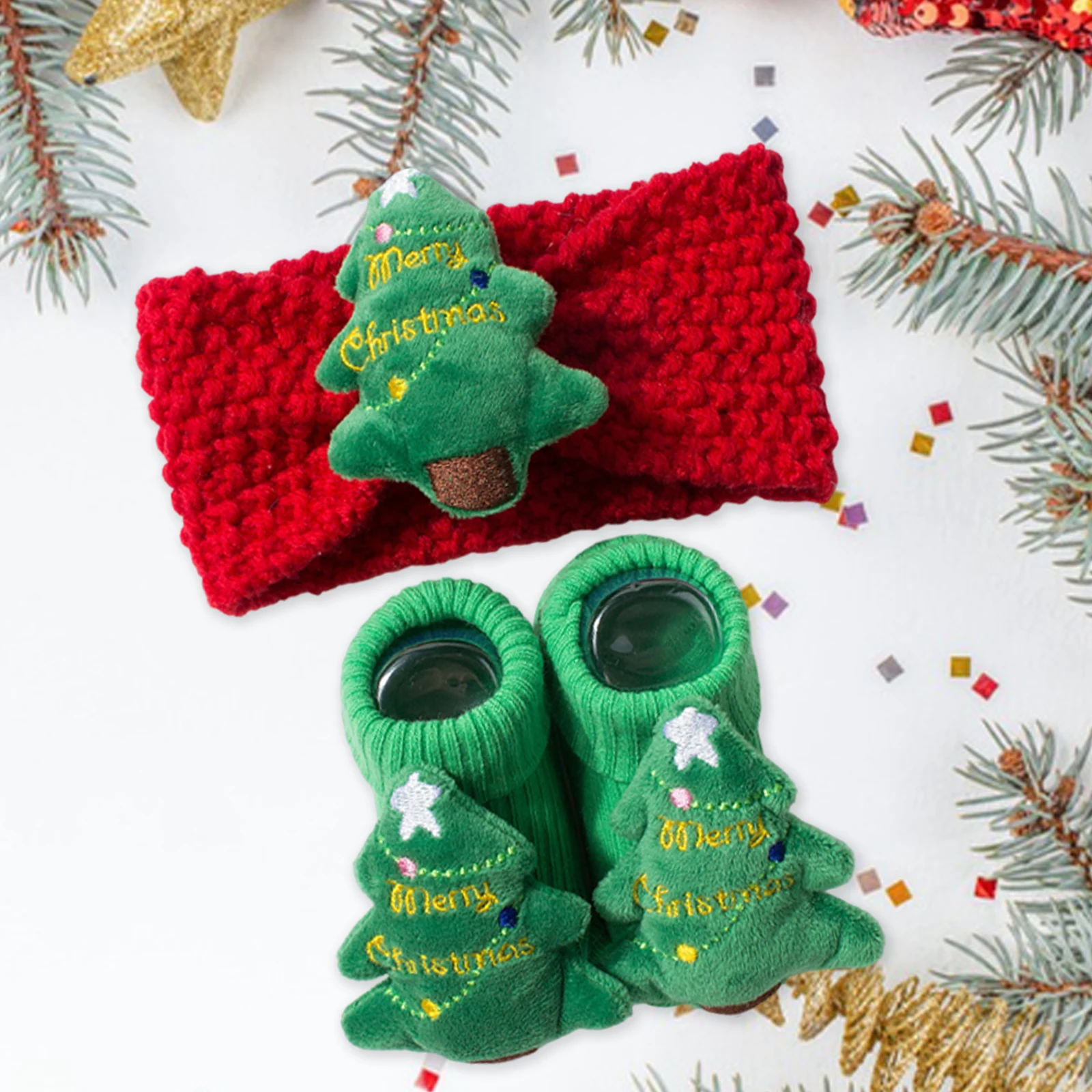 Toddler Baby Christmas Walking Socks and Knit Headband Set Cute Santa/Tree Decor Non-Slip Warm Boots