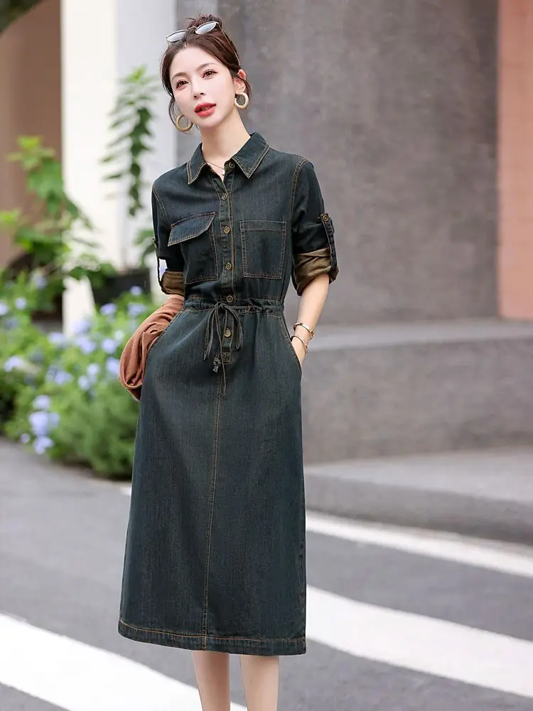 Casual Women Long Sleeve Denim Dresses Split High Waist Female Dress 2024 Autumn Lady Turn-down Collar Jeans Dresses