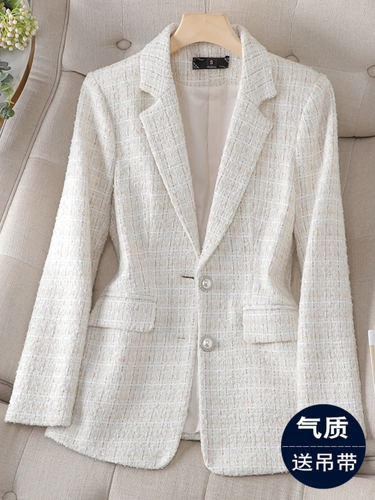 

White Pink Plaid Blazer Women Jacket Business Wear Casual Suit Female Tops Autumn Winter Long Sleeve Woolen Blazer Ladies Coat