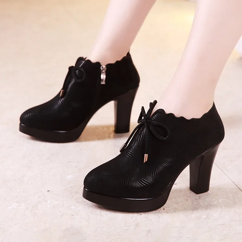 Small Size 32-43 Deep Mouth Black Wavy Platform Pumps Women Oxfords Fall Winter 2024 Block High Heels Shoes Office Model Dress