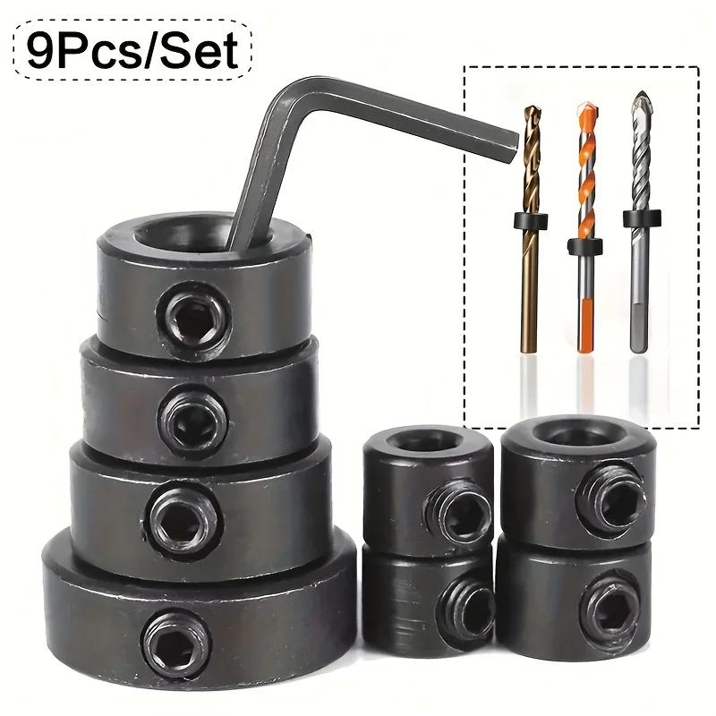 9pcs Woodworking Drill Positioner Set 3mm-16mm Adjustable Drill Depth Stop Sleeve with Hexagonal Wrench Ideal