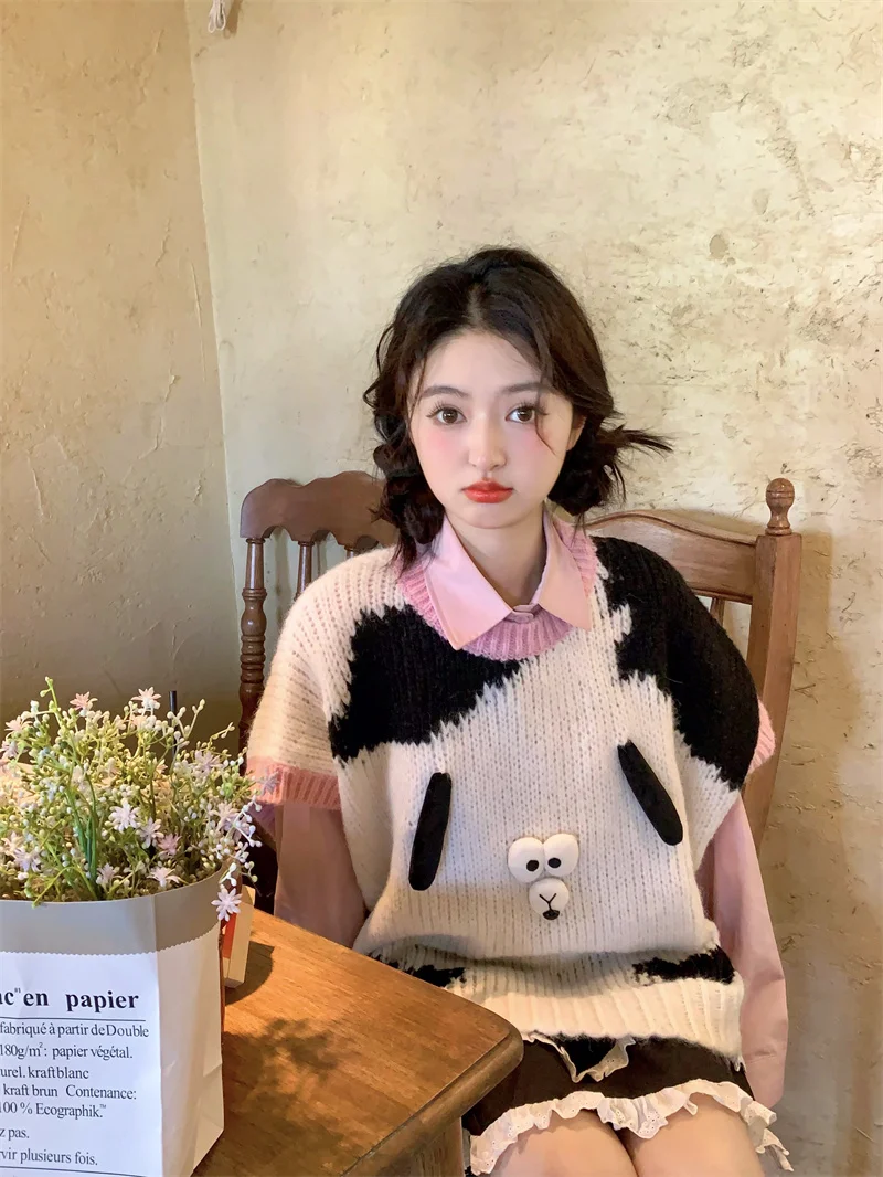 

Милый вязаный жилет-свитер для женщин в корейском стиле, осенний, розовый, с цветочным узором, круглый вырез, для многослойных образов