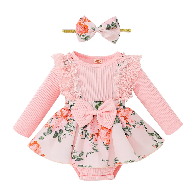 SXYPAYXS-Baby Girls Romper Dress Summer Floral Splicing Long Sleeves Suspenders Skirt Romper with Hairband Newborn Outfits