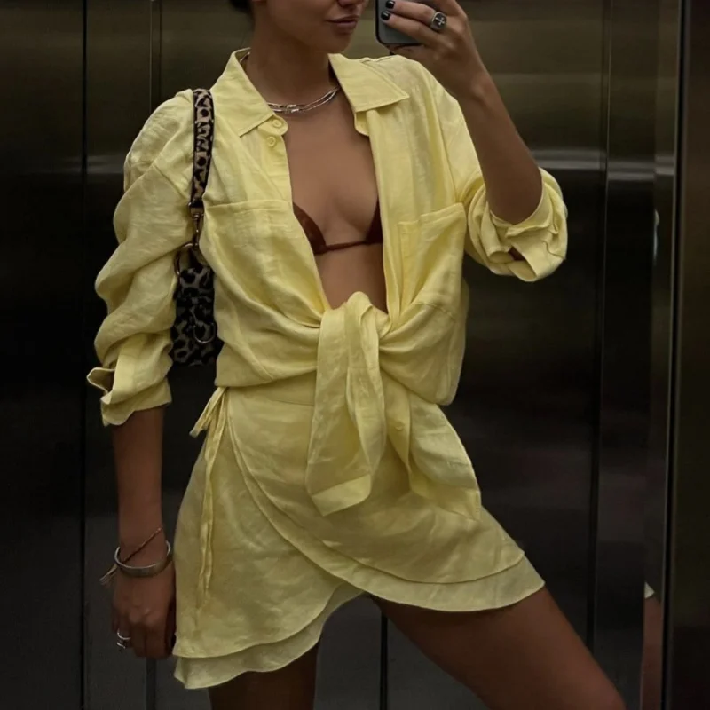 

Женская юбка, однотонная рубашка на пуговицах с длинным рукавом и воротником, многослойная мини-юбка, повседневный комплект из 2 предметов