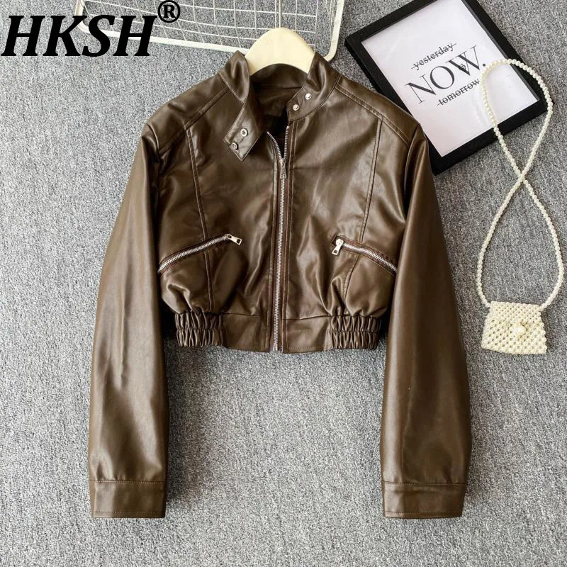 

HKSH Autumn New Women Short Jacket Stand Collar Zipper PU Leather High-End Sweet Cool Streetwear Punk Techwear Chic Coat HK10199