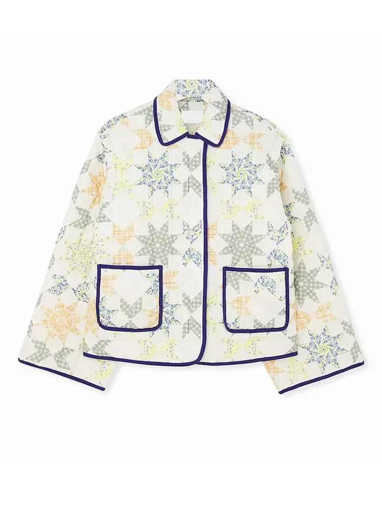 Chaqueta de algodón con solapa y cremallera estampada para mujer, abrigo holgado de manga larga con bolsillos de botonadura única, ropa de abrigo acolchada a la moda para otoño