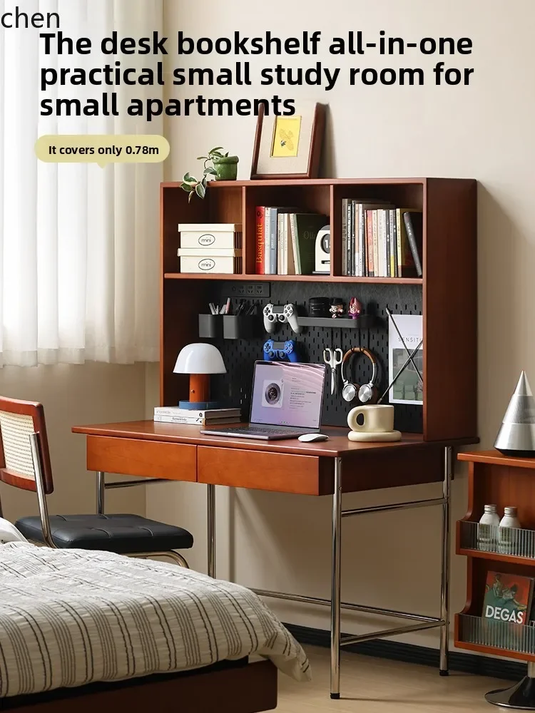 DSAZML solid wood desk bookshelf integrated small apartment retro multi-functional home computer desk