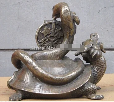 China Fengshui Bronze money Lucky snake ON Dragon Turtle Statue