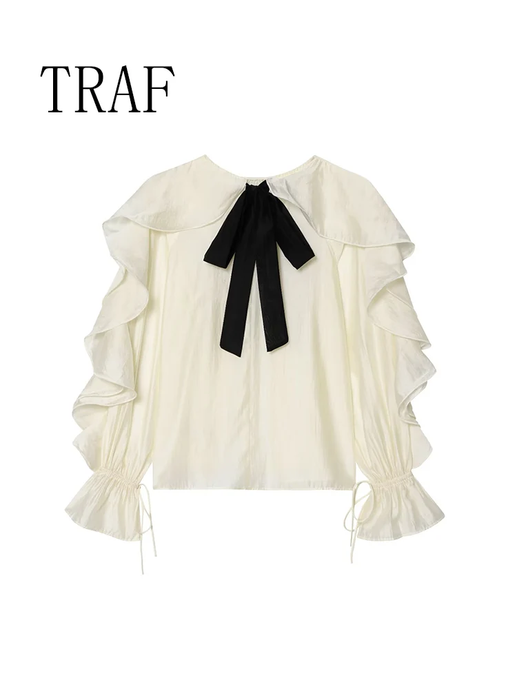 

TRAF European and American style autumn new fashion women's clothing temperament contrast color ribbon ruffled cardigan shirt