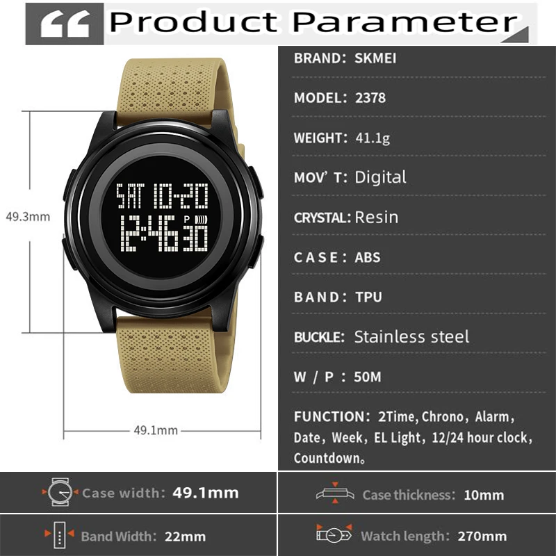 Skmei Mens Digital Watches Slim Case TPU Strap 50M Waterproof Swimming Sports Dual Time Fashion Led Light Alarm Clock