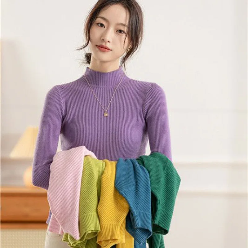 Soft Turtleneck Women Autumn Winter Pullover Sweater Basic Casual Slim Stretch Soft Ribbed Knitted Top Woman Sweaters 2024