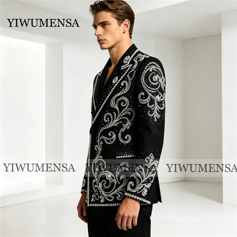 

Exquisite Suit Man Slim Fit Rhinestones Beading Prom Blazer Cusotmized Double Breasted Jacket Pants 2 Piece Sets Groom Tuxedos