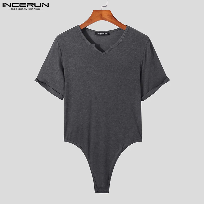 Men Bodysuits Solid Color V Neck Short Sleeve Pajamas Sexy Homewear Rompers 2024 Fashion Fitness Men Bodysuit INCERUN Plus Size