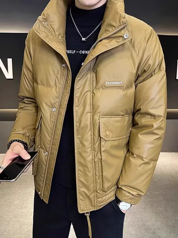 Jaet de plumón de cuero para hombre Invierno Thiened ort Sle Abrigo con cuello levantado Youth Faion Nuevo 2025 Ci Casual Blanco Du...