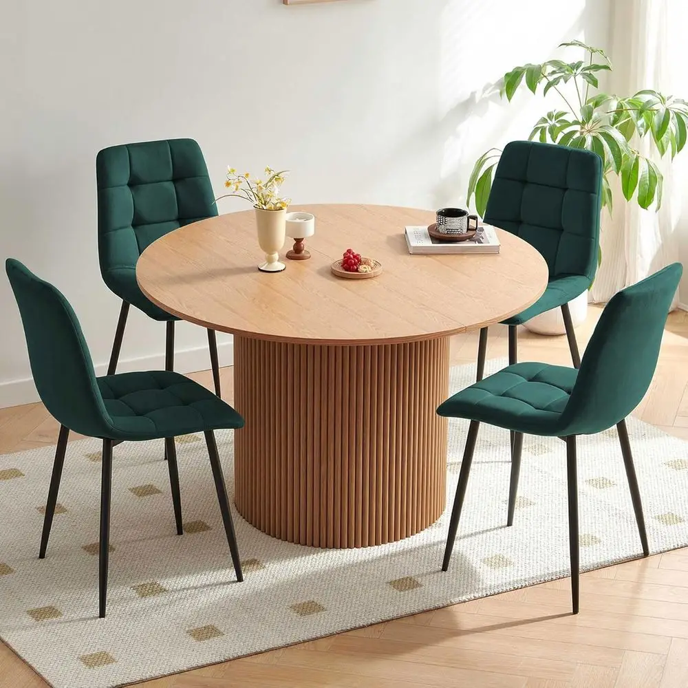 

47-inch Round Dining Table with 4 Green Upholstered Chairs, Elegant Oak Wood Coffee Dining Set for Contemporary Living