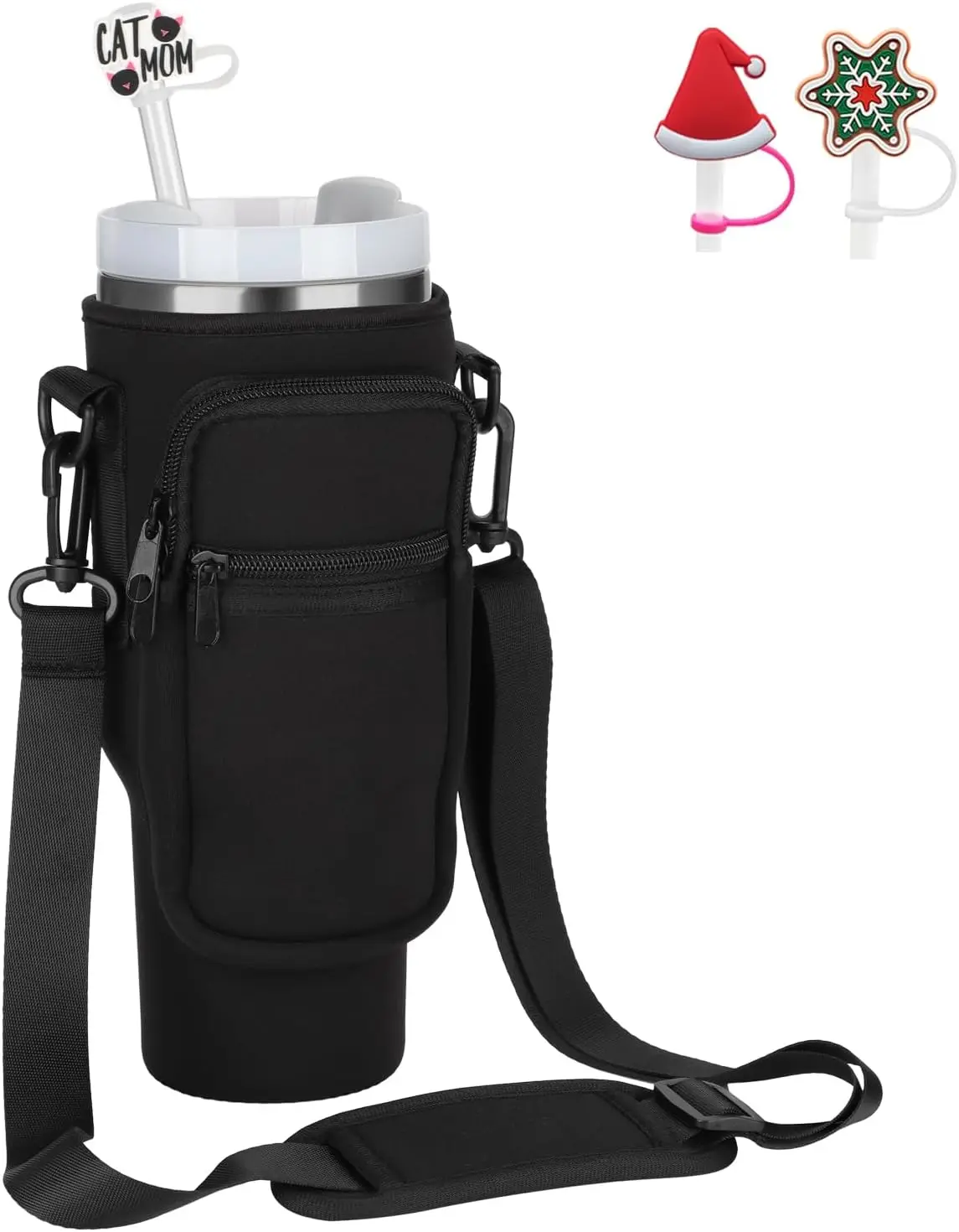 Black Water Bottle Carrier Bag for 40oz Tumbler with Handle,Water Bottle Cup Holder Pouch with Adjustable Shoulder Strap