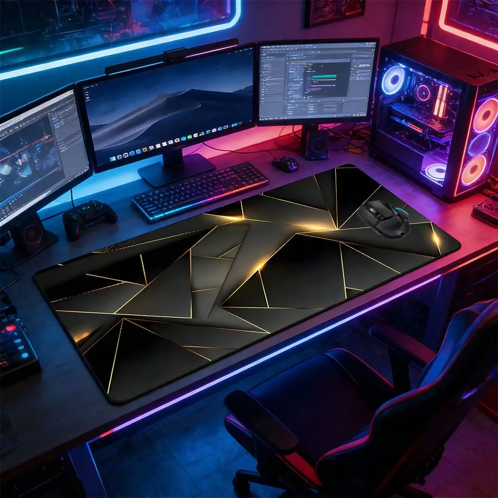 1pc Black & Gold Geometric Faceted Gaming Extra Large Mouse Pad, Luxury Minimalist Tech Style Large Desk Mat - Premium Atmosphere Extended Oversized Black &