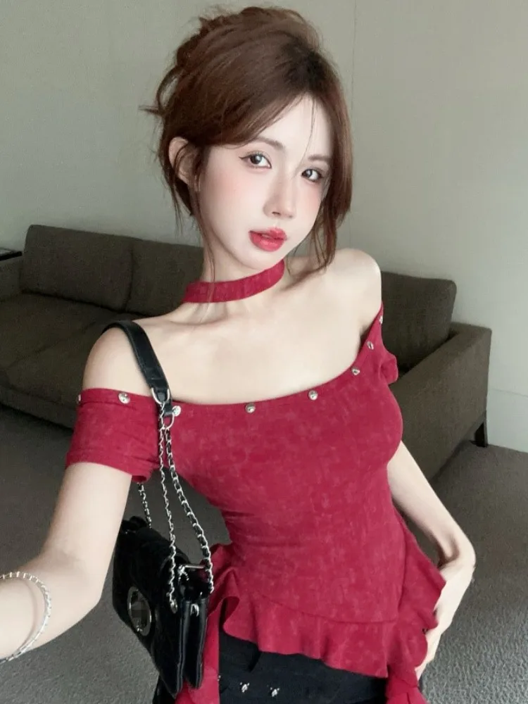 

Футболка Sweet Style Slim Fit с коротким рукавом и одним открытым плечом, с текстурой под дерево, для молодых женщин, летняя новинка