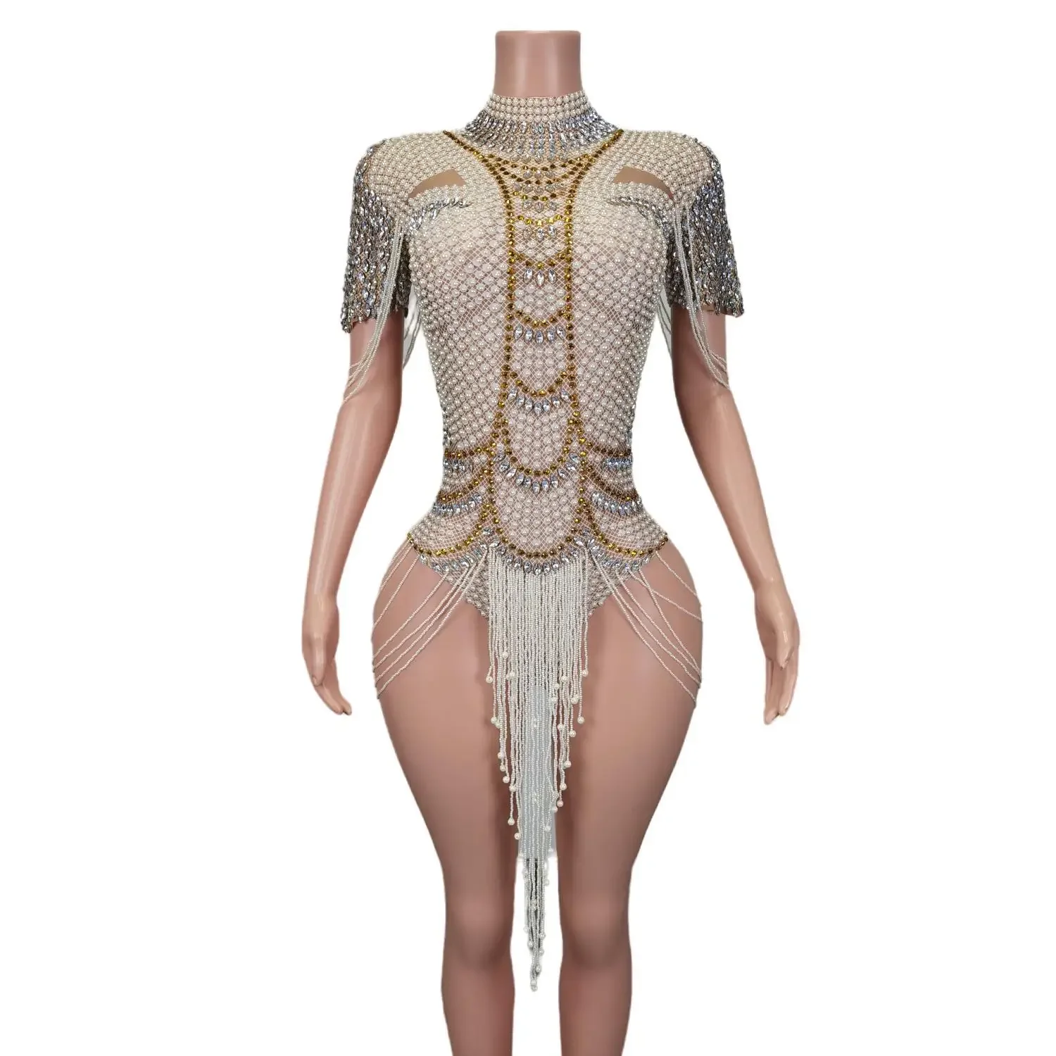 

Fashion Pearl Tassel One Piece Short Jumpsuit Show Dance Wear Festival Outfit Lady Party Stage Performance Rhinestone Bodysuits