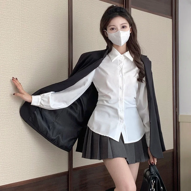 Shirts Women Preppy Style Solid Sweet Inside Schoolgirl Slim Fashion Lady Autumn Ulzzang Tender All-match Light Soft Mujer Tops